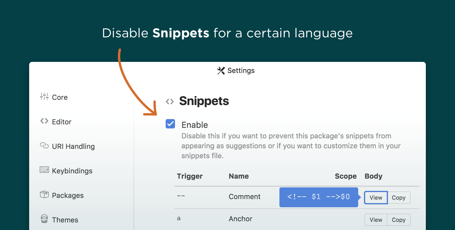 disable snippets
